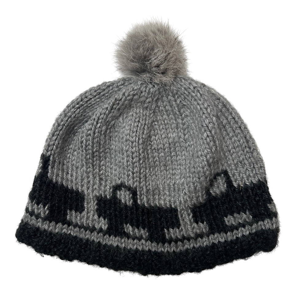 Kids Gray Black Knit Real Fur Pom Pom Hat with Truck Pattern‎ Winter Warm Beanie